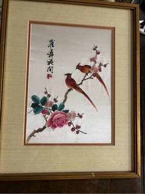 Framed Vintage Chinese Silk Embroidered Bird and Blossom Wall Art - Red and Pink